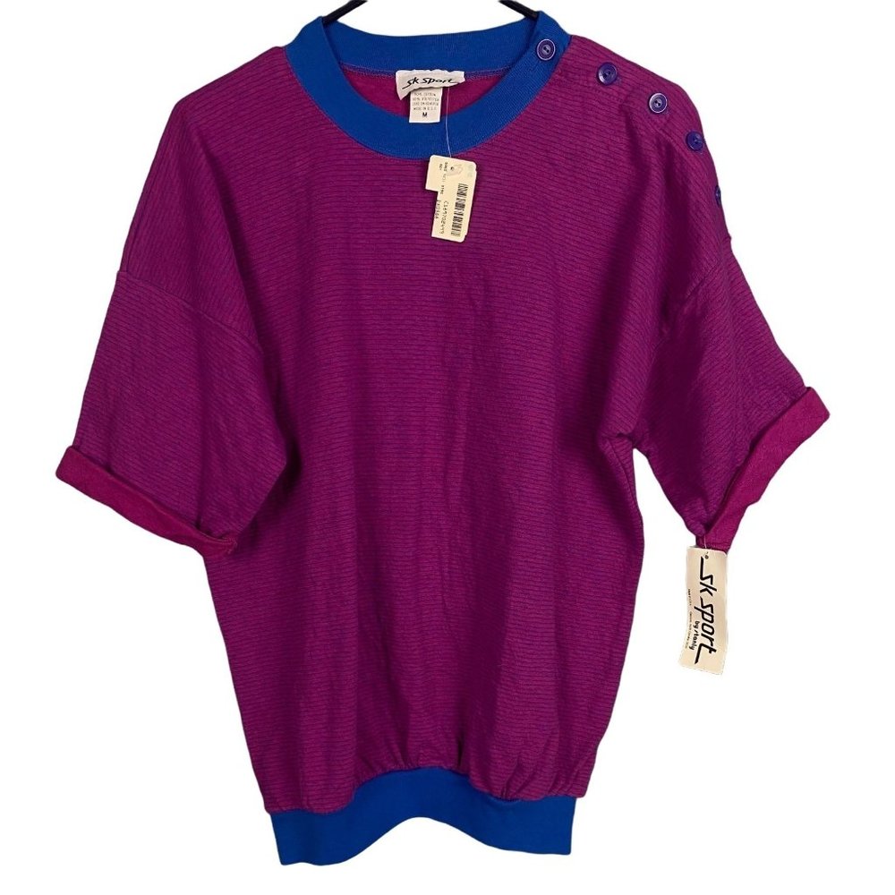 VTG SK Sport by Stanly Women's M Purple/Blue Striped Crew Neck 1/2 Sleeve Shirt